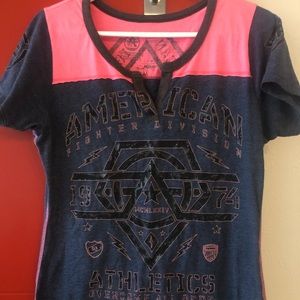 “American Fighter” T-shirt in pink and blue with distressing on letters, size lg